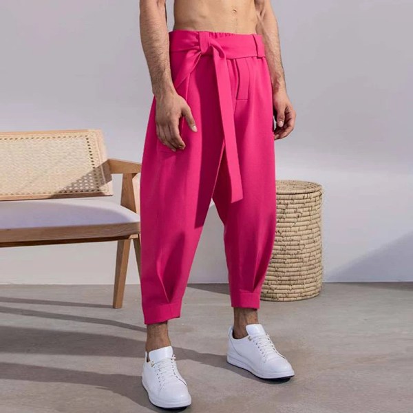 Mäns Baggy Byxor Casual Streetwear Bälte Hög Kvalitet Ren Färg Joggers Mode Harem Byxor 2023 S-3Xl Pink XXL