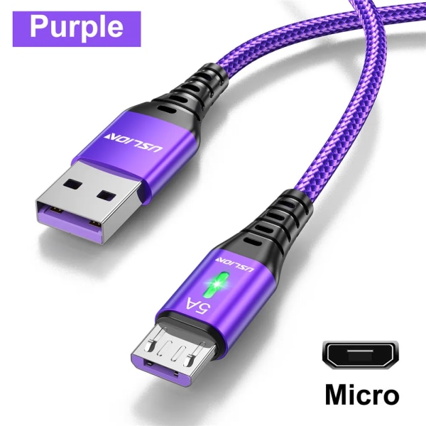 5A Micro USB -kabel Snabbladdning Mobiltelefon Micro USB -kabel för Xiaomi Android LED-belysning USB -laddardatakabel Purple For Micro 0.3m