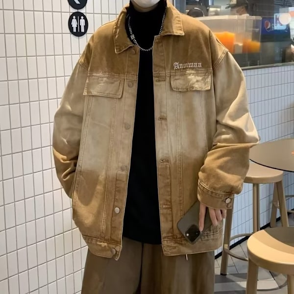 American Retro Gradient Denim Jakke Mænd Forår Og Efterår Mode Mærke High Street Pu Shuai Løs Fritid Arbejdstøj Rock Efterår Og Vinter Brown XL
