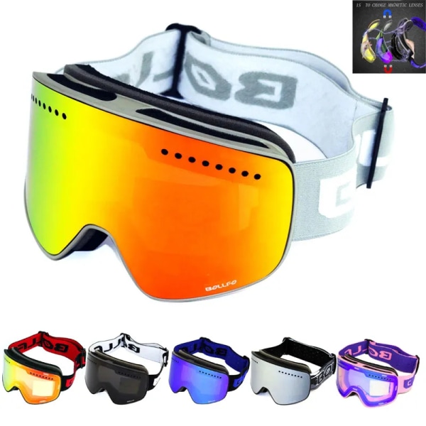 Skidglasögon med magnetisk dubbellagers polariserad lins Skidåkning Anti-dimma UV400 Snowboardglasögon Herr Dam Skidglasögon Case Black Silver