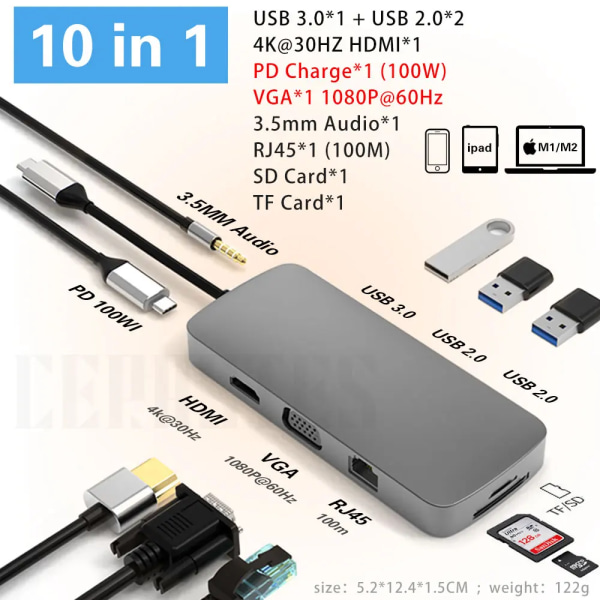 – Station d'accueil HUB USB 3.0 Typ C mot HDMI, adapter USB kompatibel för Macbook Pro Air, ordinator bärbar 8 IN 1