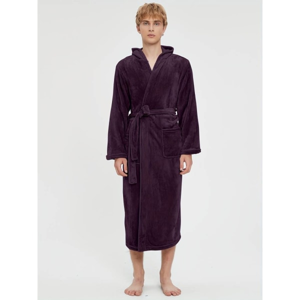 Men's Comfy Solid Fleece Robe Home Hooded Pajamas Wear With Pocket & Hair Dry Hat , One-piece Lace Up Kimono Night-robe Warm Sets After Bath