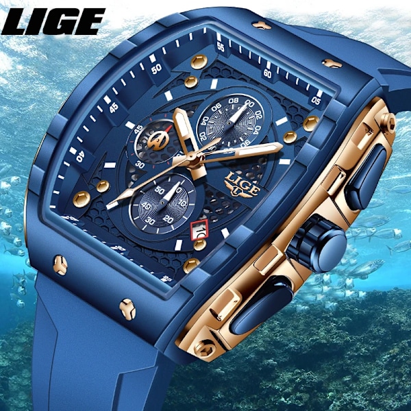 LIGE Outdoor Kvadratisk Casual Sport Kvarts Herre Ur Top Brand Luksus Ure Mode 50M Vandafvisende Automatisk Dato Silikon Chronograph Black