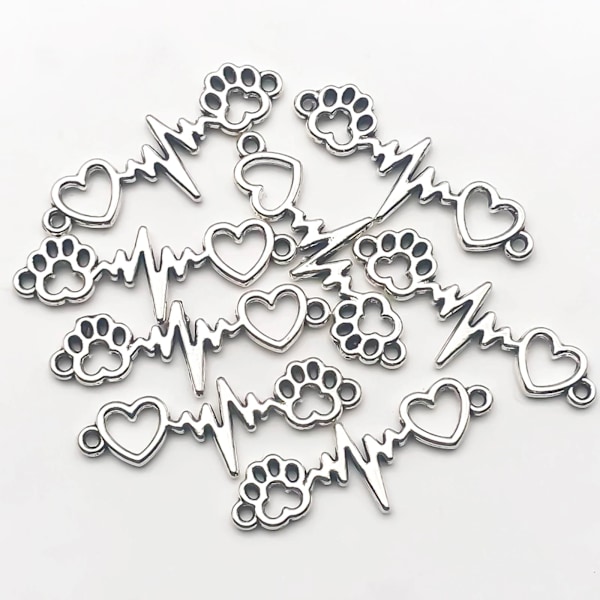 10/20/30St Antik Sølvfarvet Charms Hund Klo Elsker Hjerterytme Dobbelthul Connector Charms Til Smykkefremstilling Armbånd 15858-20pcs