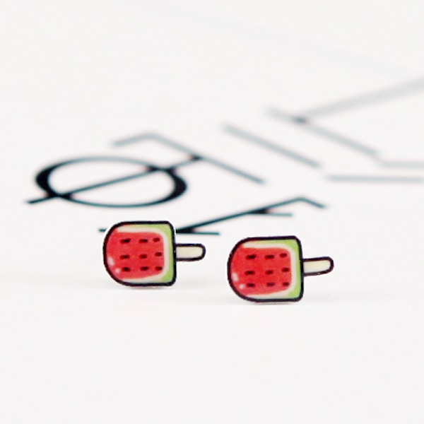 Q. Ger Creative Hantverk Cartoon Söpö Hedelmä Eläin Stud Korvakorut Hauskat Korvakorut Käsintehty Lämpö Kutistuva Arkin Stud Korvakorut Talli Semicircle Red Watermelon