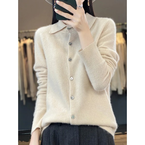 Kvinder Merino Uld Sweater Polo Krave Skræddersyet Cardigan Efterår Vinter Cashmere Cashmere Casual Strik Loose Blød Jakke Bundtrøje Top S Beige XXL