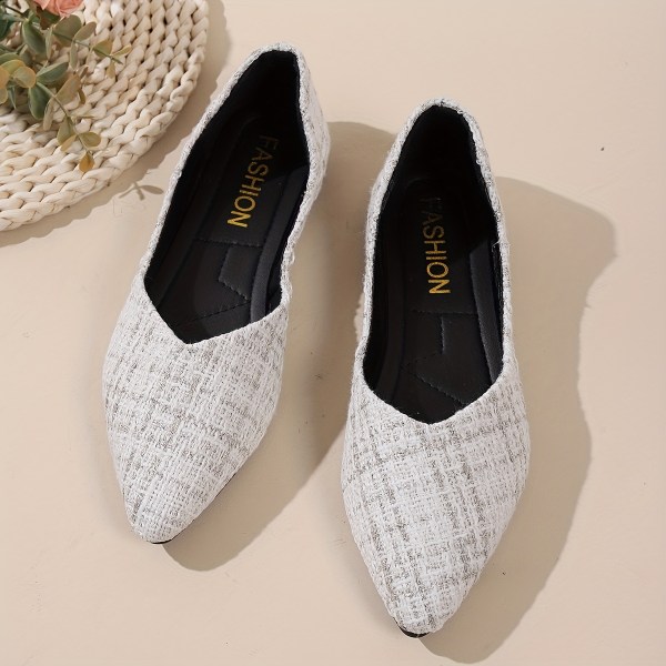 Balettkläder i tweed för kvinnor, mode med spetsig tå, mjuk sula Slip-on-skor, mångsidiga platta skor Beige White CN39(EU38.5-39)