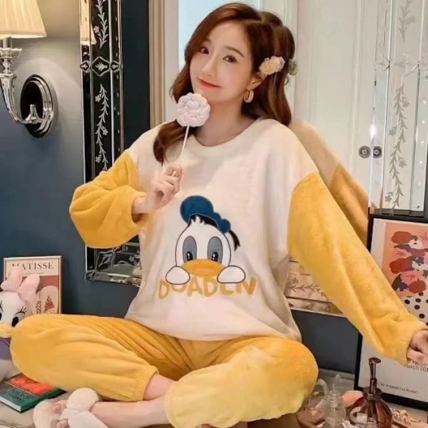 Grænseoverskridende efterår vinter flannel fortykket kvinders søde tegneserie casual langærmet pullover pyjamas sæt hjemmetøj ins 13.13 yellow and white duck L