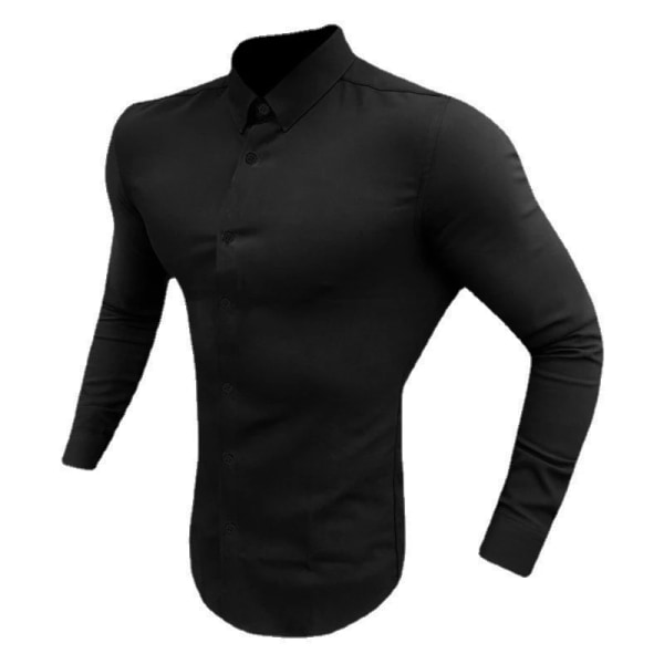 Höstmode Långärmad skjorta Herr Super Slim Fit Man Casual Social Business Klänning Skjorta Herr Fitness Sportkläder black L