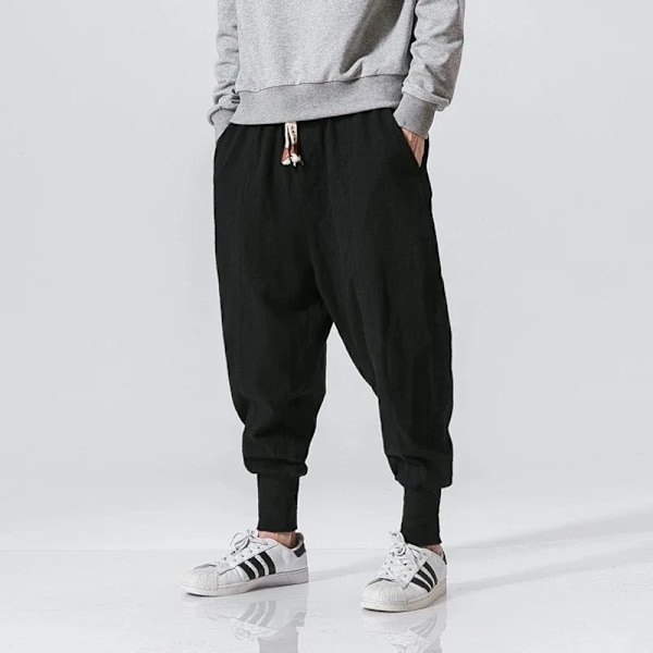 Bomuld Linned Haremsbukser Mænd Streetwear Joggere Nye Baggy Drop-Crotch Bukser Casual Bukser Mænd Løs 46Black US XXXL