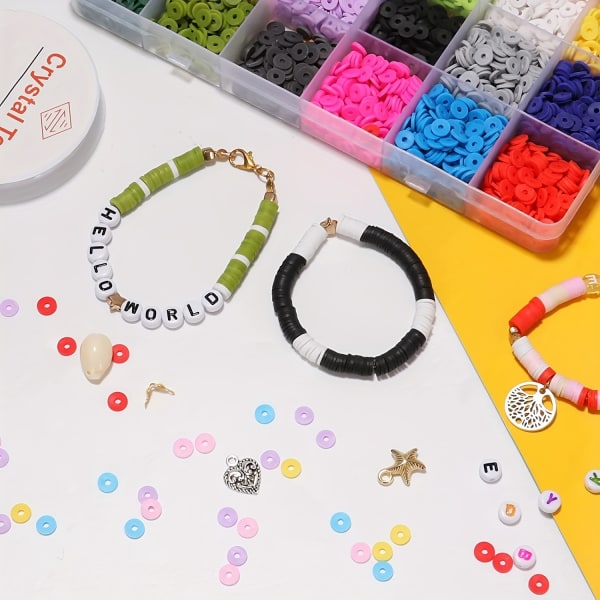 6800 st 24 färger platta runda polymerlerpärlor Kit med 900 st bokstäver pärlor och 2 fodral Elastiskt snöre, berlocker för DIY Armband Halsband Smycken 6800pcs-Clay Beads Kit