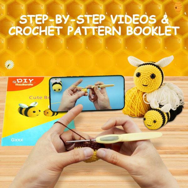 3st Yellow Bee Family, Cute Bee Beginners Crochet Kit för barn och vuxna, gör 3 bidjur, Steg-för-steg-videohandledning, Virkningsstartkit