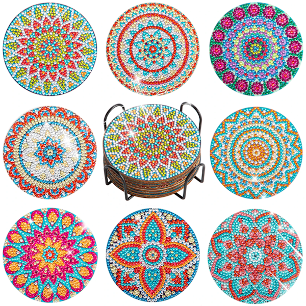 RUOPOTY 8pc/sets Mandala Diamond Painting Coasters DIY Diamond Art Coasters 5D Full Drill Diamond Coasters Acrylic Round Cup BD023 10x10cm