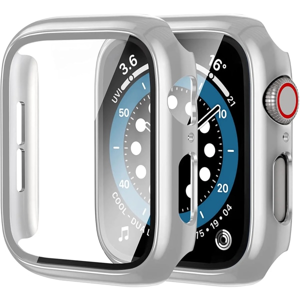 Glas+ cover För Apple Watch Case 44mm 40mm 45mm 41mm 42mm 38mm Tillbehör Pläterad skärmskydd iWatch-serien 9 8 6 5 3 se 7 silver 45mm series 7 8 9