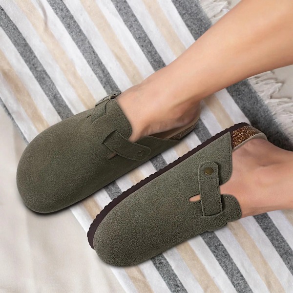 Crestar Trendy Clogs för kvinnor och män, unisex mocka kork fotbädd hem tofflor med fotvalvsstöd, mode läder potatis skor suede-Grey 43