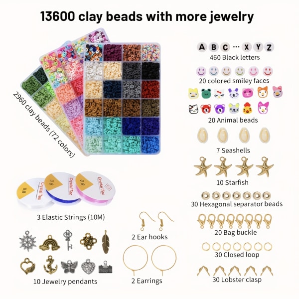 13600 st lerpärlor set för smycken armband halsband gör kit, platta runda polymer lera pärlor med elastisk sträng hängande charm kit