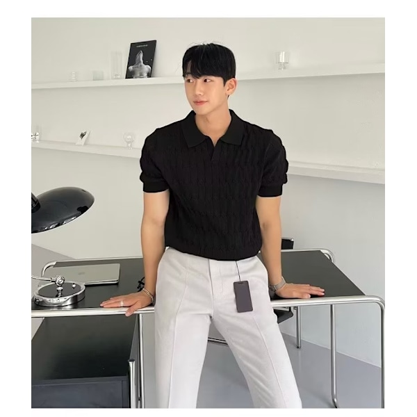 Let Lyx Polo T-shirt Mænd Stribet Åndbar Strikket T-shirt Lapel All-Match Solid Farve Let Virksomhed Kort T-shirt Med Ærmer Black XXL