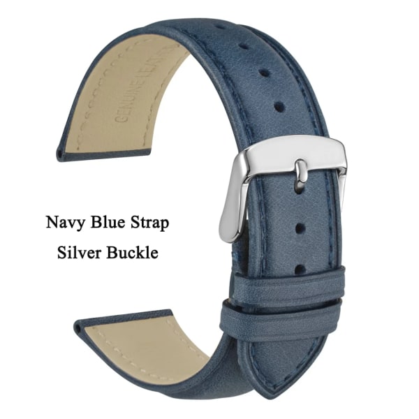 Watch i äkta läder 14 mm 16 mm 18 mm 19 mm 20 mm 21 mm 22 mm 23 mm 24 mm Ersättningsband Armband för män kvinnor Navy Blue-Silver 23mm