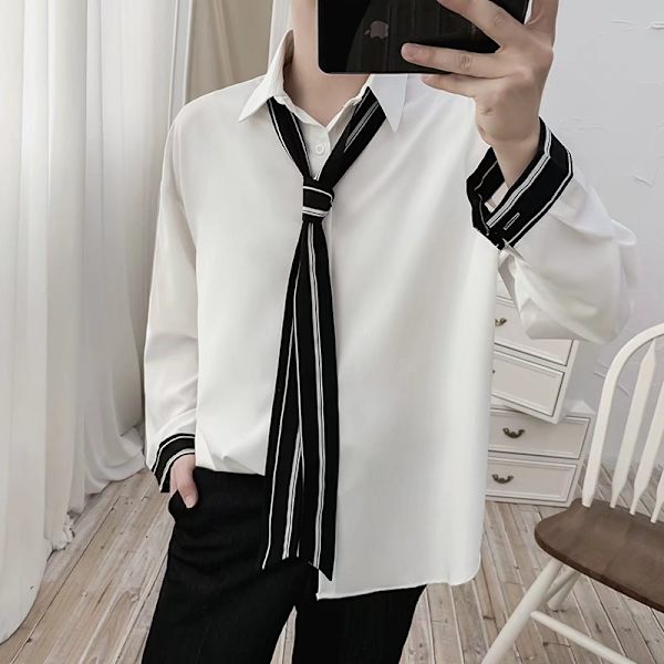 2022 Forår og sommer ny slips skjorte langærmet akademi stil mænds løs hår stylist mode mærke vedhæng trøje plus størrelse Black M