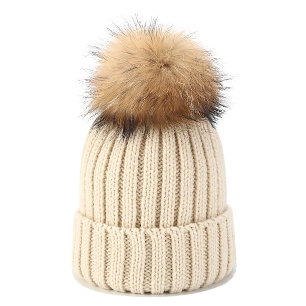 Ins New Big Fur Ball Hat Män Och Kvinnor Höst Och Vinter Utomhus Allt-Matcher Raccoon Riktiga Fur Ball Stickade Hat Varm Förälder-Chi Ld Hatt Khaki Children (52-55Cm)