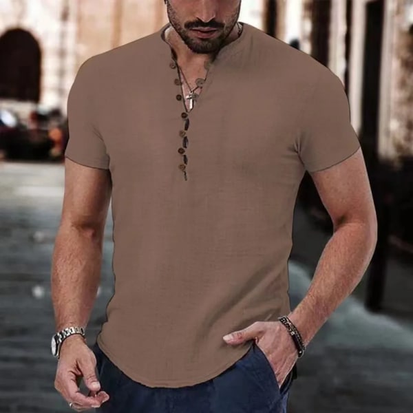 2023 Ny kortärmad t-shirt för män V-ringad knapp Bomullslinneskjorta Herr Casual Populära toppar för män pink US L
