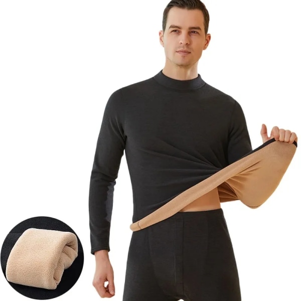Nya Vinter Thermal Underkläder Herr Mock-neck Första Layer 2 Delar Under Trosor och Underställ Håll Varma Kläder Elastisk L-4XL Men black L(45-55kg)