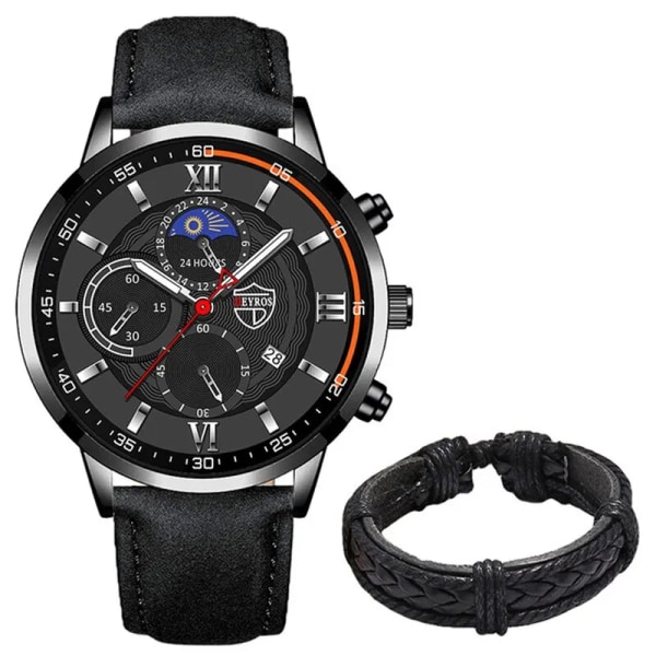 2ST Set Mode Herr Sportklockor Man Business Läderarmband Quartz Watch Lyx Herr Casual Luminous Clock Reloj Hombre Black Silver