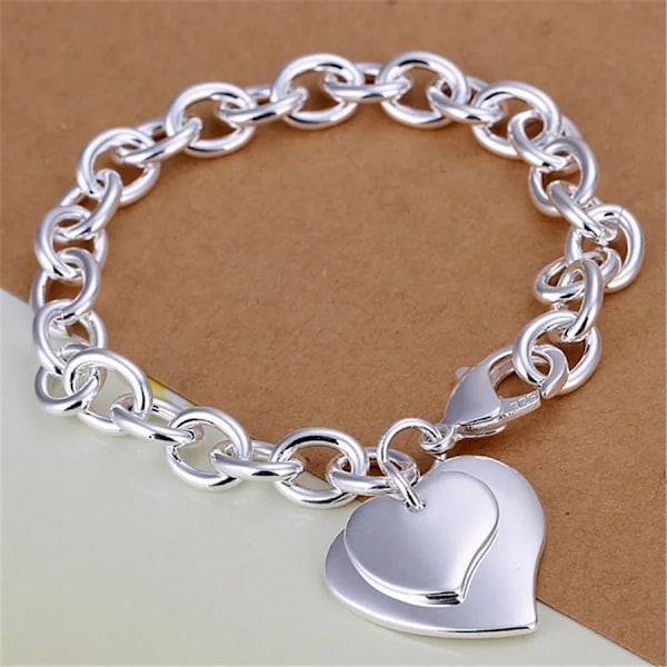 925 Sterling Silver Utsökt Dubbel Hjärta Tätt Armband Charms Bröllop Hög Kvalitet Mode Smycken Jul Gåf T H268