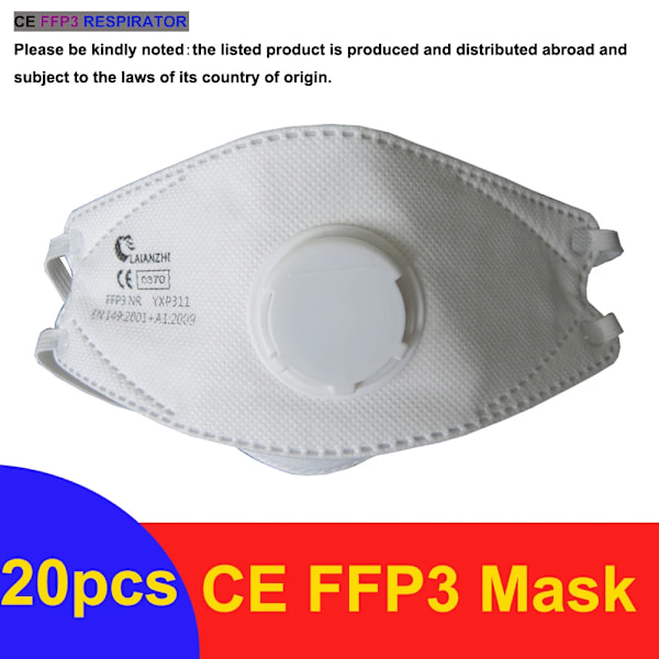 Laianzhi Ce Ffp3 Face Masks Ventil Skydd Engångs Virus Ansiktsmask Ffp3mask Fpp3 Huvud Munkläder Godkända Hygieniska Masker FFP3 Valve 20pcs