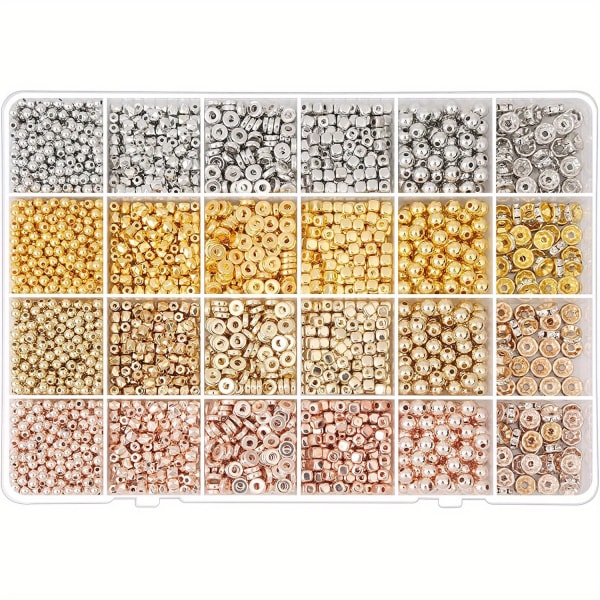 3820 st Spacer Pärlor för smyckestillverkning i 6 stilar, runda pärlor Platta pärlor Cube Beads (Gyllene, Silvery, Rose Golden, KC Golden) 4 Colors In 6 Styles