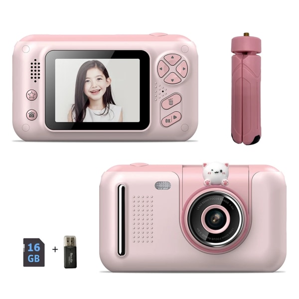 Digitalkamera för barn 2,4 tums färgskärm Barn Barn 1080p videokamera 180 grader rotation Födelsedagspresent fotokamera 16GB Pink