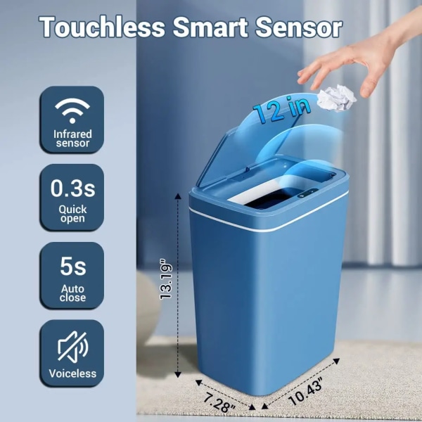 Badrumssoptunna, 14/16L automatiska papperskorgar Beröringsfri sensorlock Smart elektriska soptunnor för kök, badrum, sovrum 14L Blue Battery Style