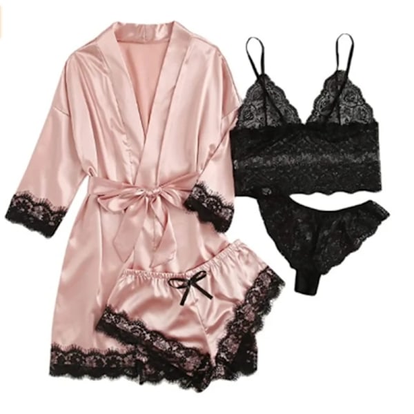 Sommar Hot Sälja Kvinnors Pyjamas Set Spets Fyra Stycke Sling Set Casual Bekväm Pyjamas Pink black lace S