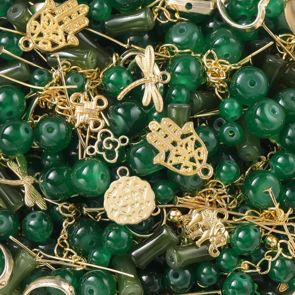 30-50G/lot Blandade glaspärlor Metallhängen Spacer Bead Smycketillbehör för gör-det-själv-armband Halsband Ankelband Smyckenstillverkning Dark green-Gold