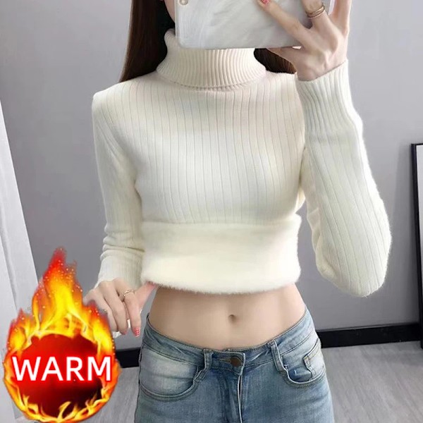 Turtleneck Vinter Tröja Kvinnor Elegant Tjocka Velvet Fodrad Varm Sueter Fleece Stickade Pullover Slim Top Jersey Hoppar Sticka Ar B0803-Thick-Beige XXL