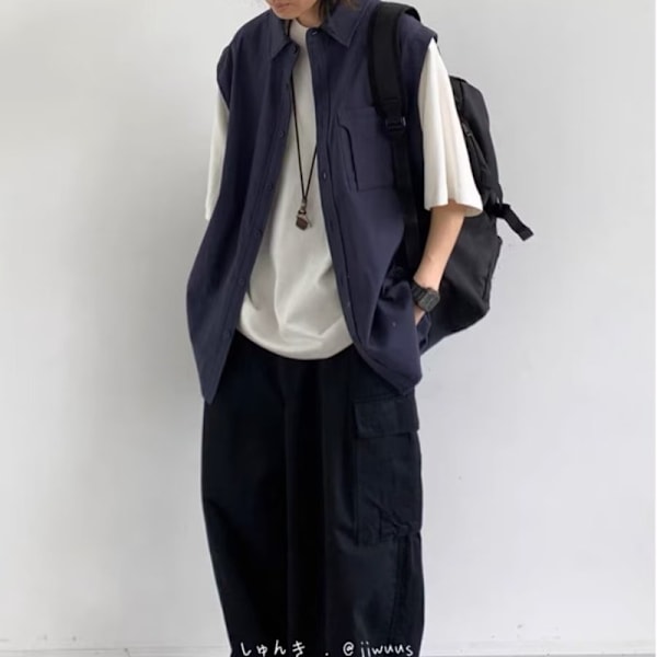 Utomhus Mori Style Fake Två-Stycke Kortärmade Mäns Västväst Skjorta Japanska Stil Mäns Casual Junior St Moderiktig Sommartopp Blue XXL