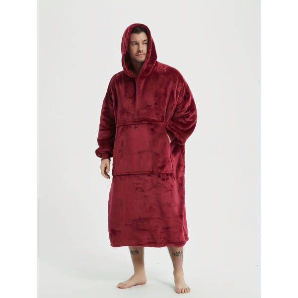 Men's Hooded Trendy Pajamas Warm Flannel Robe With Pocket, Solid One-piece Hoodie Pajamas