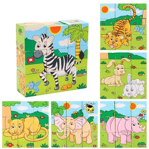 Wooden Six Sided 3D Cube Jigsaw Puzzles Children Kids Toys Animal Fruit Traffic Cognize Early Learning Educational Toys Fun Game Forest tiger