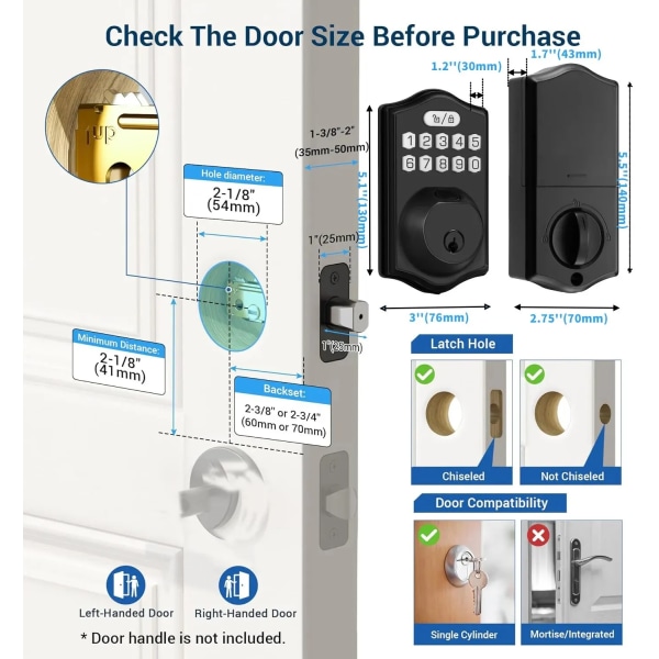 Tuya Smart Deadbolt Lock Tangentbord Smart Lock Fingeravtryck Deadbolt med app Nyckelfri ingång för ytterdörrssäkerhet för hemmet Tuya Black