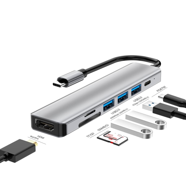 AUG 7-i-1 dockningsstation Multifunktionell bärbar intelligent expansionsdocka för Apple, PD87W*1+ USB 3.0*1+ USB 2.0mm 2d + TF-kortplats Silvery