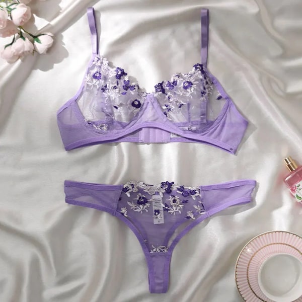 Broderade Tryck Brassiere Lingerie Sexy Set Kvinnor Underkläder Exotiska Emotionella Bh Set G-Sträng Kvinnor Push Up Tunn Bralete BS270-purple XL