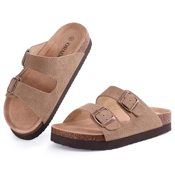 Smile Pop Ko Suede Mænd Clogs Tompa Kvinder Suede Clogs Mænd Læder Muldyr Kork Fodseng Sandaler Med Arch Su Apport Strand Slides Cow Suede-Apricot 46(fit 29cm)