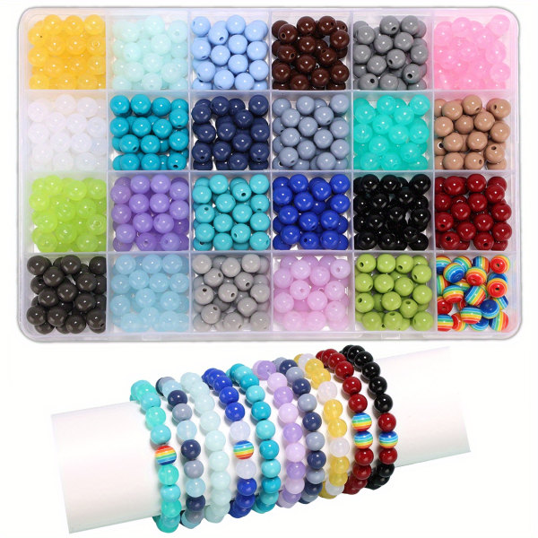 600 st Akrylpärlor 8mm DIY Kristall Akrylpärlor Smycketillverkningssats Healing Chakra Beads, 24 färger runda pärlor Armbandstillverkning för nybörjare DIY