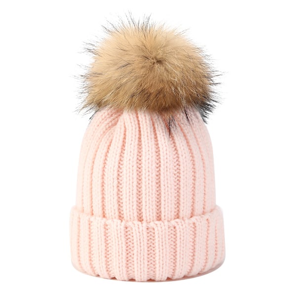 Ins New Big Fur Ball Hat Män Och Kvinnor Höst Och Vinter Utomhus Allt-Matcher Raccoon Riktiga Fur Ball Stickade Hat Varm Förälder-Chi Ld Hatt Light Pink Adult (56-60Cm)
