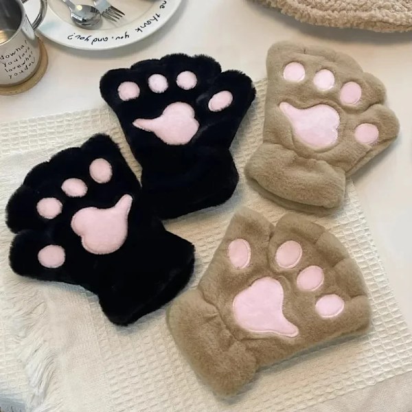 Søde Plys Katteklo-Paws Handsker Plys Vanter Varme Bløde Plys Korte Fingerløse Fluffy Bjørn Handsker Kostume Halvfinger Handsker beige