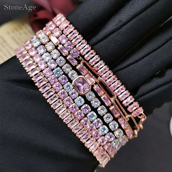 Pink Crystal Tennis Armbånd til Kvinder Kvinde Trend Romantisk Shiny Zirconia Justerbar Foldbar Spænde Kæde På Hånd Je Gods H225-19cm