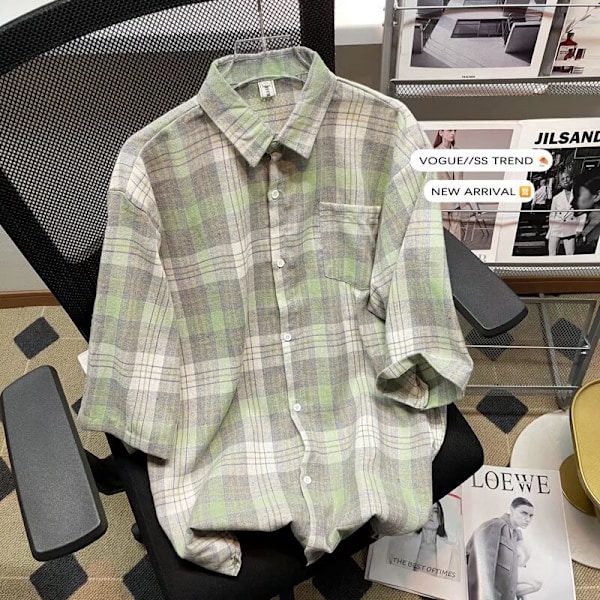 Plaid Tröja Mäns Kortärmade Sommar Tunn Lös Mode Varumärke Tröja Hong Kong Style Japanska Fritid Underkläder Cot Att Män Green M