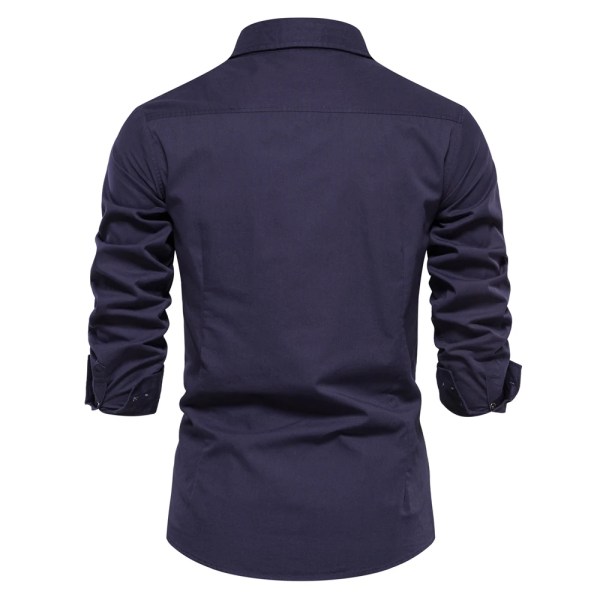 2023 New Autumn Military Style 100 % bomull fickskjorta för män Enfärgad Smal Casual Herrskjortor Långärmade Navy M