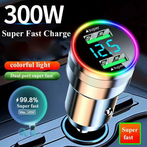 300W Dual Port USB billaddare med LED-ljusspänningsmonitor Supersnabbladdande fordonsadapter för iPhone Samsung Huawei OPPO