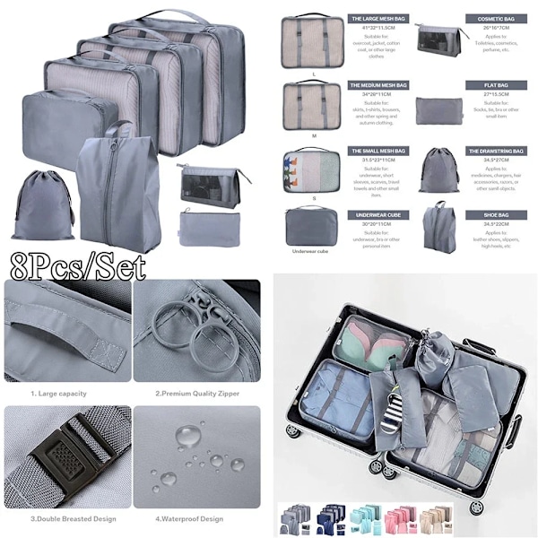 8/7/6 Dele Sæt Rejse Organizer Opbevaringsposer Kuffert Pakning Kuber Sæt Etuier Bærbar Foldbar Bagage Tøj Sko Tidy Pose 8Pcs Light Blue